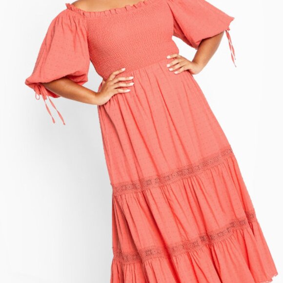 NWT City Chic Love Shirred Tiered Maxi Dress Sugar Coral Romantic Dobby Lace 2XL